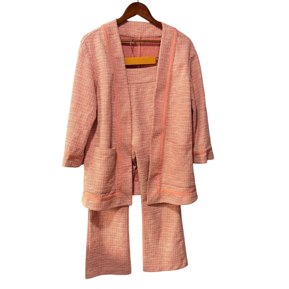 Vintage Coral Pink Tweed 2 Piece Set Open Front Cardigan Jacket & Flare Pants